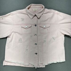 POL Jean Jacket Womens 3XL Pink Barbie Button Up Raw Hem Distressed Ripped Denim